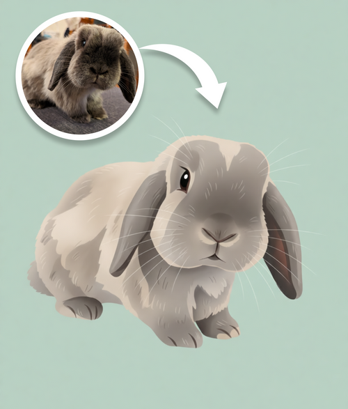 Digital illustration of a gray rabbit on a solid mint background
