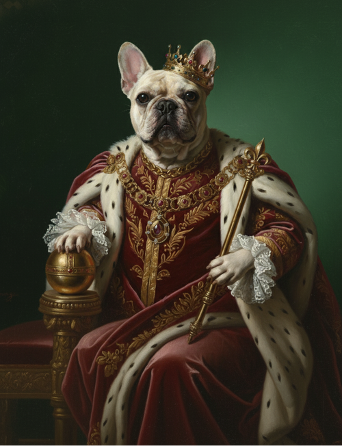 Dog dressed in regal attire with a crown, robe, and scepter on a dark background